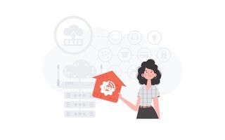 The woman is depicted waist-deep, holding an icon of a house in her hands. Internet of things and automation concept. Good for presentations and websites. illustration in trendy flat style. vector