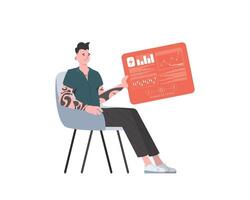 A man sits in a chair and holds a panel with analyzers and indicators in his hands. Internet of things and automation concept. Isolated. Vector illustration in flat style.