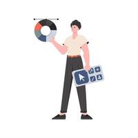 A man stands in full growth holding a designer panel with a color wheel. Isolated. Element for presentation. vector