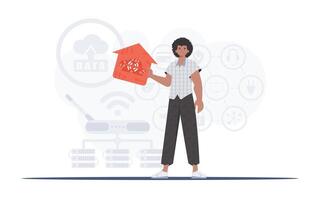 IoT concept. The man is depicted in full growth, holding the icon of the house in his hands. Good for presentations. Vector illustration in flat style.