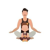 A man with a cute little girl are sitting in a lotus position. Isolated. Cartoon style. vector