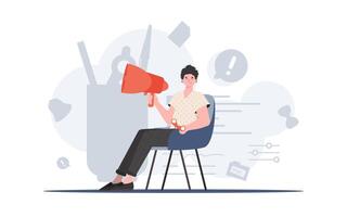 A man is sitting on a chair holding binoculars and a loudspeaker. Human resource. Element for presentation. vector