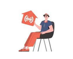 A man sits in an armchair and holds a house icon in his hands. IoT concept. Isolated on white background. illustration in flat style. vector