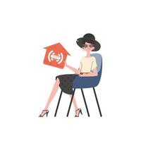 The girl sits in a chair and holds an icon of a house in her hands. IoT concept. Isolated on white background. Vector illustration in flat style.