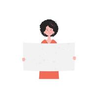 A woman stands waist-deep with a blank banner in her hands. Isolated. Flat style. Element for presentations, sites. vector