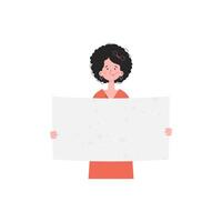 A woman stands waist-deep with a blank banner in her hands. Isolated. Flat style. Element for presentations, sites. vector