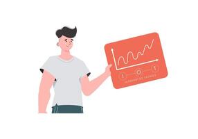 A man holds a panel with analyzers and indicators in his hands. Internet of things and automation concept. Isolated. Vector illustration in trendy flat style.