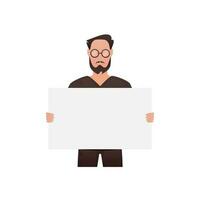 A man stands waist-deep and holds an empty space for advertising in his hands. Isolated. Cartoon style. vector