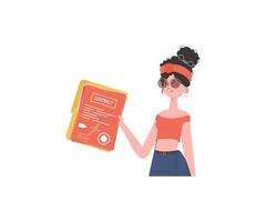 The woman is holding a contract in her hands. The character is depicted to the waist. Isolated on white background. Vector illustration in a flat style.