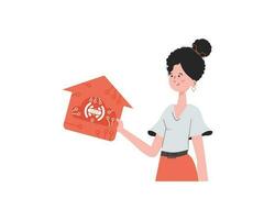 Internet of things and automation concept. The girl is shown to the waist. A woman is holding a house icon in her hands. Isolated. Vector illustration in trendy flat style.