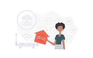 The woman is depicted waist-deep, holding an icon of a house in her hands. IOT and automation concept. Good for presentations and websites. Vector illustration in flat style.