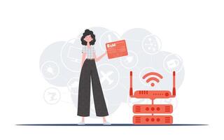 iot y automatización concepto. un mujer sostiene un panel con analizadores y indicadores en su manos. bueno para sitios web y presentaciones vector ilustración en tendencia plano estilo.