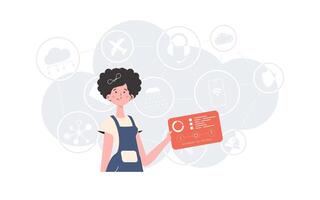 Internet of Things and Automation Concept. A woman holds a panel with analyzers and indicators in her hands. Good for websites and presentations. Vector illustration in trend flat style.