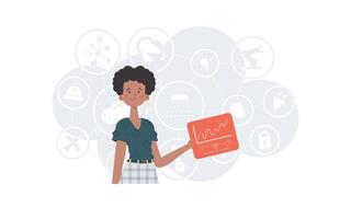 iot concepto. un mujer sostiene un panel con analizadores y indicadores en su manos. bueno para sitios web y presentaciones vector ilustración en plano estilo.