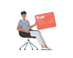 A man sits in a chair and holds a panel with analyzers and indicators in his hands. IoT concept. Isolated. Vector illustration.