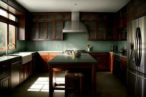 A Kitchen With A Stove Top Oven Sitting Next To A Refrigerator. AI Generated photo