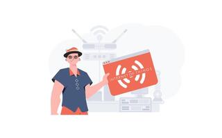 The guy is holding an internet thing icon in his hands. IoT concept. Good for websites and presentations. Vector illustration in trendy flat style.