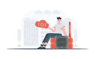 Internet of things concept. The guy sits on the router and holds the internet of things logo in his hands. illustration in trendy flat style. vector