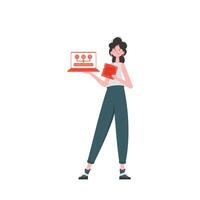 A woman holds a laptop and a processor chip in her hands. Internet of things concept. Isolated. Vector illustration in flat style.