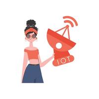 Internet of things and automation concept. A woman holds a satellite dish in her hands. Isolated. Vector illustration in flat style.