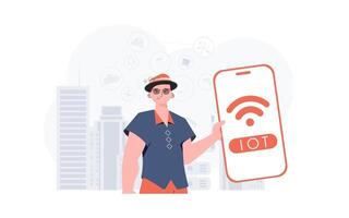 iot y automatización concepto. un hombre sostiene un teléfono con el iot logo en su manos. vector ilustración en plano estilo.