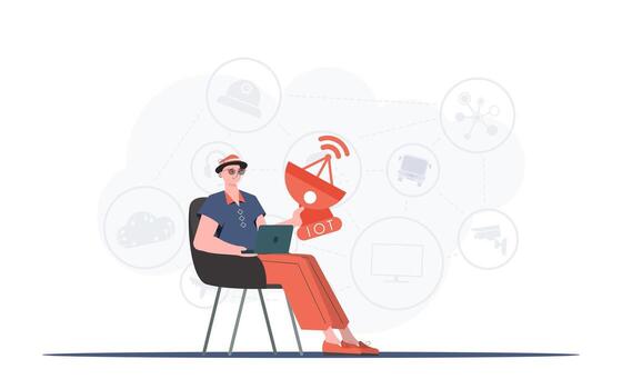 A man holds a satellite dish in his hands. IOT and automation concept. Good for presentations, websites and typography. Vector illustration in trendy flat style.