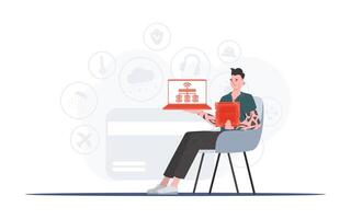 The guy holds a laptop and a processor chip in his hands. IOT and automation concept. Vector illustration in trendy flat style.