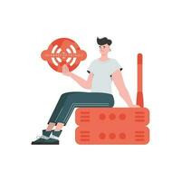 A man holds an internet thing icon in his hands. Router and server. Internet of things and automation concept. Isolated. Vector illustration in trendy flat style.