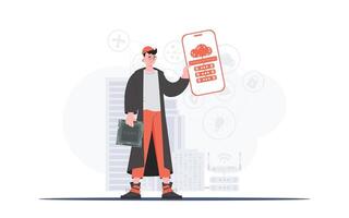 IoT concept. The guy is holding a phone with the IoT logo in his hands. Vector illustration in flat style.