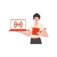 A man holds a laptop and a processor chip in his hands. IoT concept. Isolated. Vector illustration in trendy flat style.