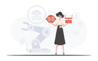 Internet de cosas y automatización concepto. un mujer es participación un Internet cosa icono en su manos. enrutador y servidor. bueno para sitios web y presentaciones de moda plano estilo. vector ilustración.