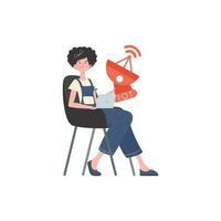 Internet de cosas concepto. un mujer sostiene un satélite plato en su manos. aislado. de moda plano estilo. vector ilustración.