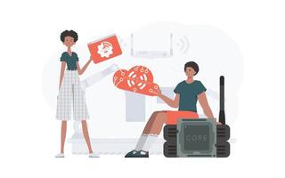 A man and a woman are a team in the field of the Internet of things. IoT concept. Good for websites and presentations. Vector illustration.