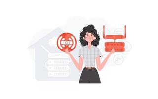 Internet de cosas concepto. un mujer sostiene el Internet de cosas logo en su manos. enrutador y servidor. bueno para sitios web y presentaciones de moda plano estilo. vector ilustración.