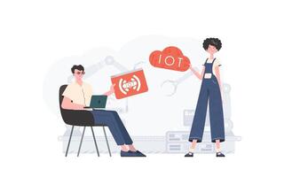 The girl and the guy are a team in the field of Internet of things. IoT concept. Good for websites and presentations. Trendy flat style. Vector. vector