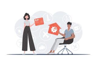 Internet of things concept. The girl and the guy are a team in the field of Internet of things. Good for presentations and websites. Vector illustration in trendy flat style.