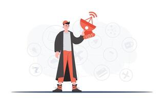 A man holds a satellite dish in his hands. Internet of things concept. Good for presentations, websites and typography. Vector illustration in trendy flat style.