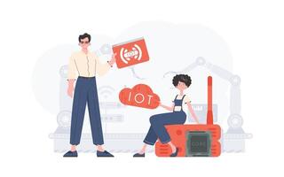 A man and a woman are a team in the field of the Internet of things. Internet of things and automation concept. Good for websites and presentations. Vector illustration.