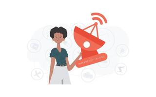 A woman holds a satellite dish in her hands. IOT and automation concept. Good for presentations and websites. Trendy flat style. Vector illustration.