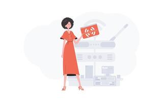 un mujer es participación un Internet cosa icono en su manos. Internet de cosas concepto. bueno para sitios web y presentaciones vector ilustración en plano estilo.