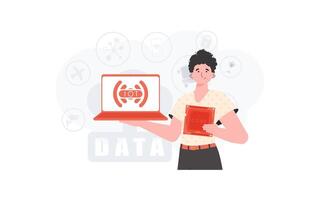 The guy holds a laptop and a processor chip in his hands. Internet of things concept. Trendy flat style. Vector illustration.