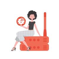 A woman is holding an internet thing icon in her hands. Router and server. Internet of things and automation concept. Isolated. Trendy flat style. illustration. vector