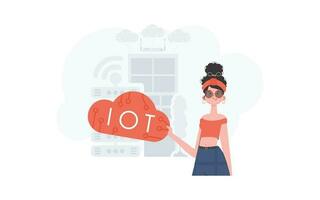 A woman is holding an internet thing icon in her hands. IOT and automation concept. Good for websites and presentations. Vector illustration in trendy flat style.