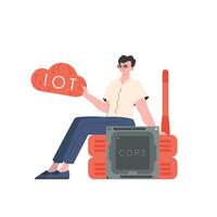 The guy sits on the router and holds the internet of things logo in his hands. Internet of things concept. Isolated. Vector illustration in flat style.