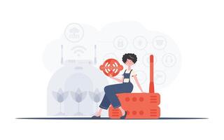 Internet de cosas concepto. un mujer sostiene el Internet de cosas logo en su manos. enrutador y servidor. bueno para presentaciones y sitios web vector ilustración en plano estilo.