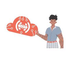 A man is holding an IoT icon in his hands. Internet of things concept. Isolated. Trendy flat style. illustration. vector