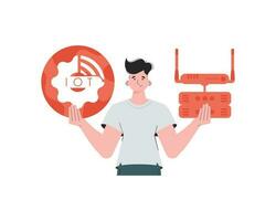 A man holds the internet of things logo in his hands. Router and server. Internet of things concept. Isolated. Trendy flat style. Vector. vector