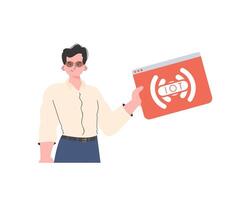 The guy holds the IoT logo in his hands. IOT and automation concept. Isolated. illustration in trendy flat style. vector