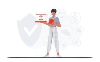 The guy holds a laptop and a processor chip in his hands. IoT concept. Vector. vector