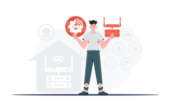 Internet of things concept. A man is holding an internet thing icon in her hands. Router and server. Good for websites and presentations. Trendy flat style. Vector illustration.